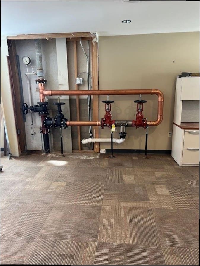 Commercial backflow preventer with copper piping and gate valves installed by Duncan Family Plumbing