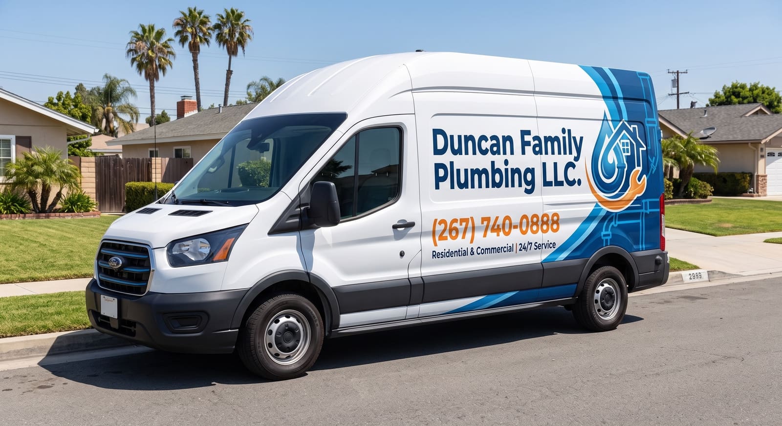 Duncan Family Plumbing emergency van responding at night in Bucks County, PA
